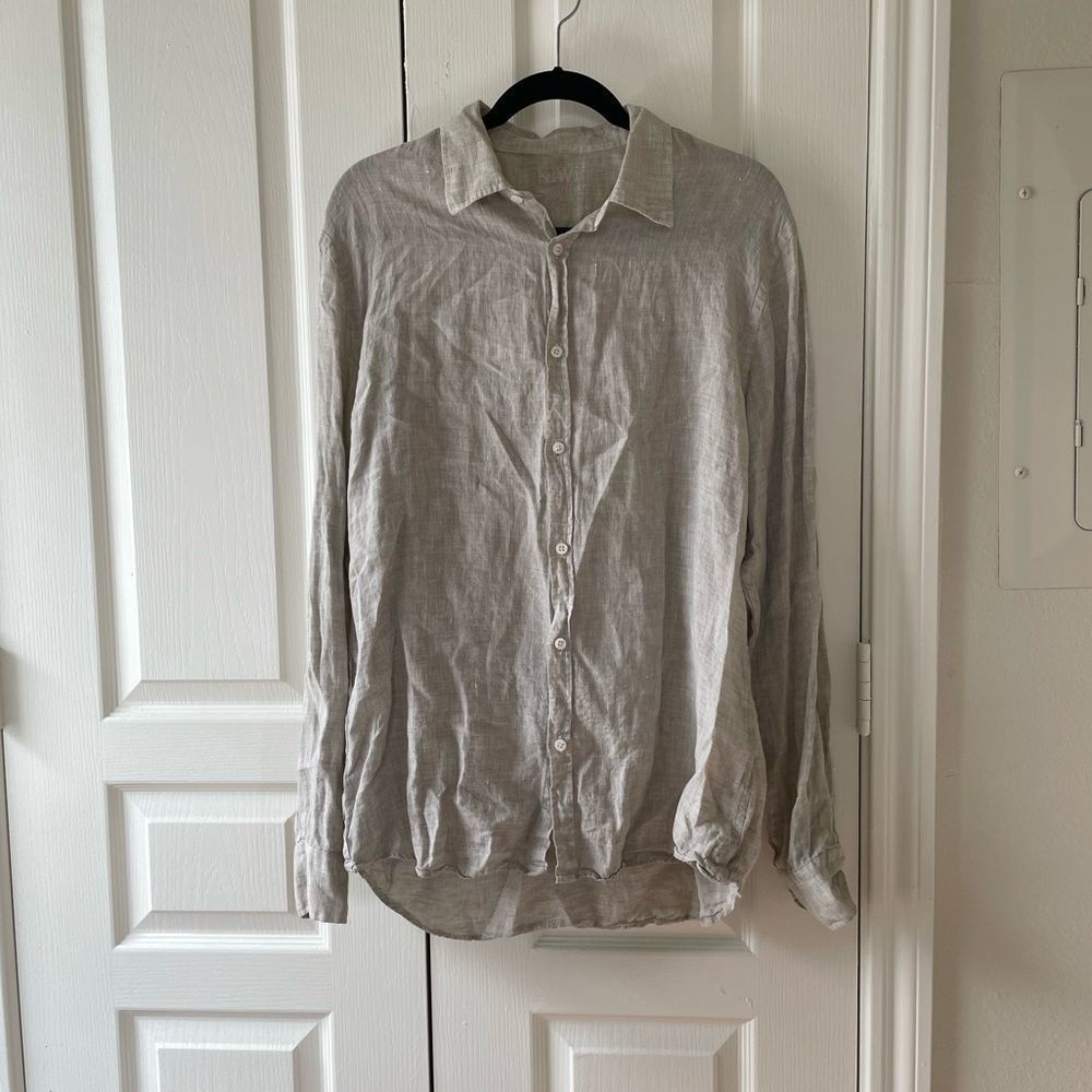 100% Linen Mens Button Down Beige